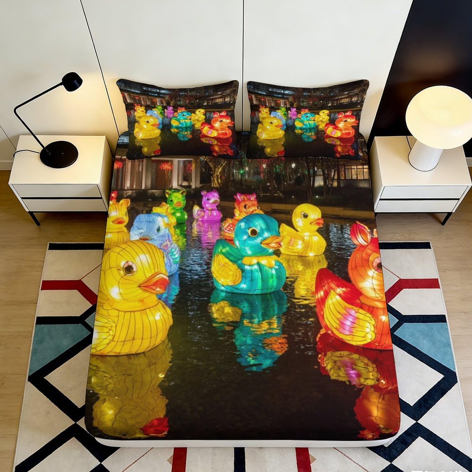 3D Printed Colorful Rubber Duck Fitted Sheet Microfiber Soft Bed Cover for Bedroom Guest Room Dorm Decor 90x200x25cm