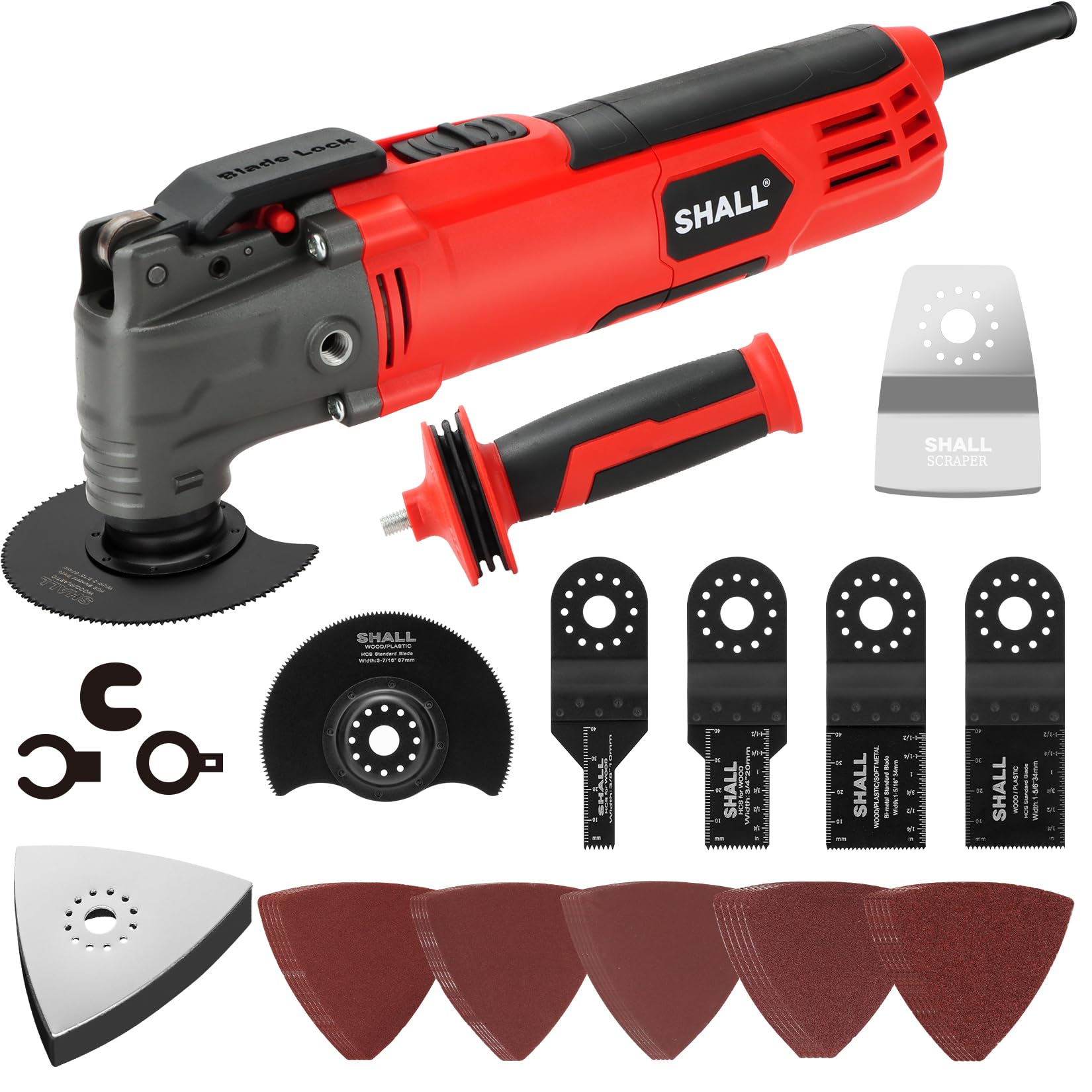 SHALL Utensile oscillante, kit multiutensile oscillante da 300 W con angolo di oscillazione di 3°, 6 velocità variabili, impugnatura ausiliaria, 40 accessori per sega