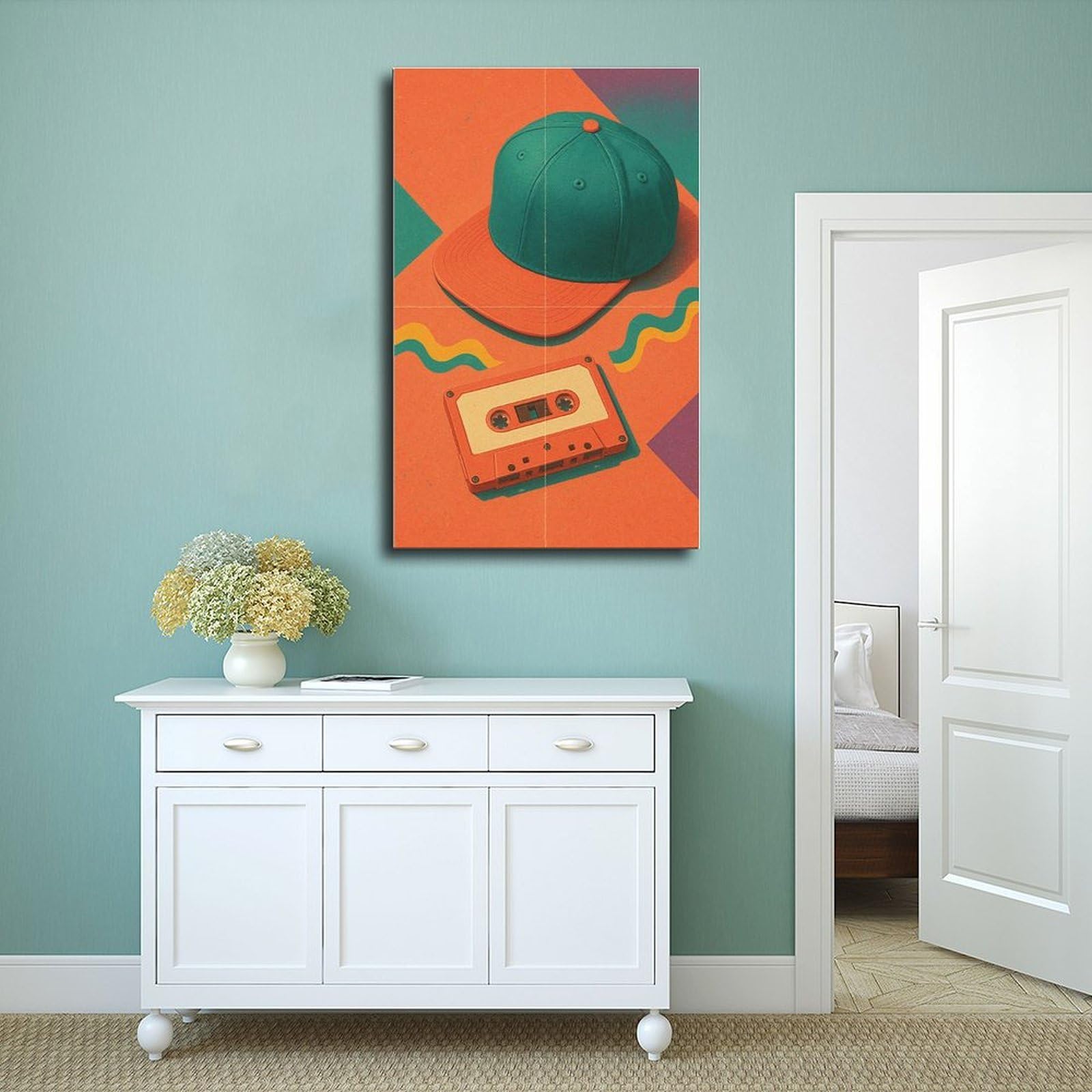 Poster su tela retrò anni '90 con nastro adesivo e cappello hip hop, decorazione artistica da parete per soggiorno, camera da letto, decorazione, 61 cm L x 91,4 cm W
