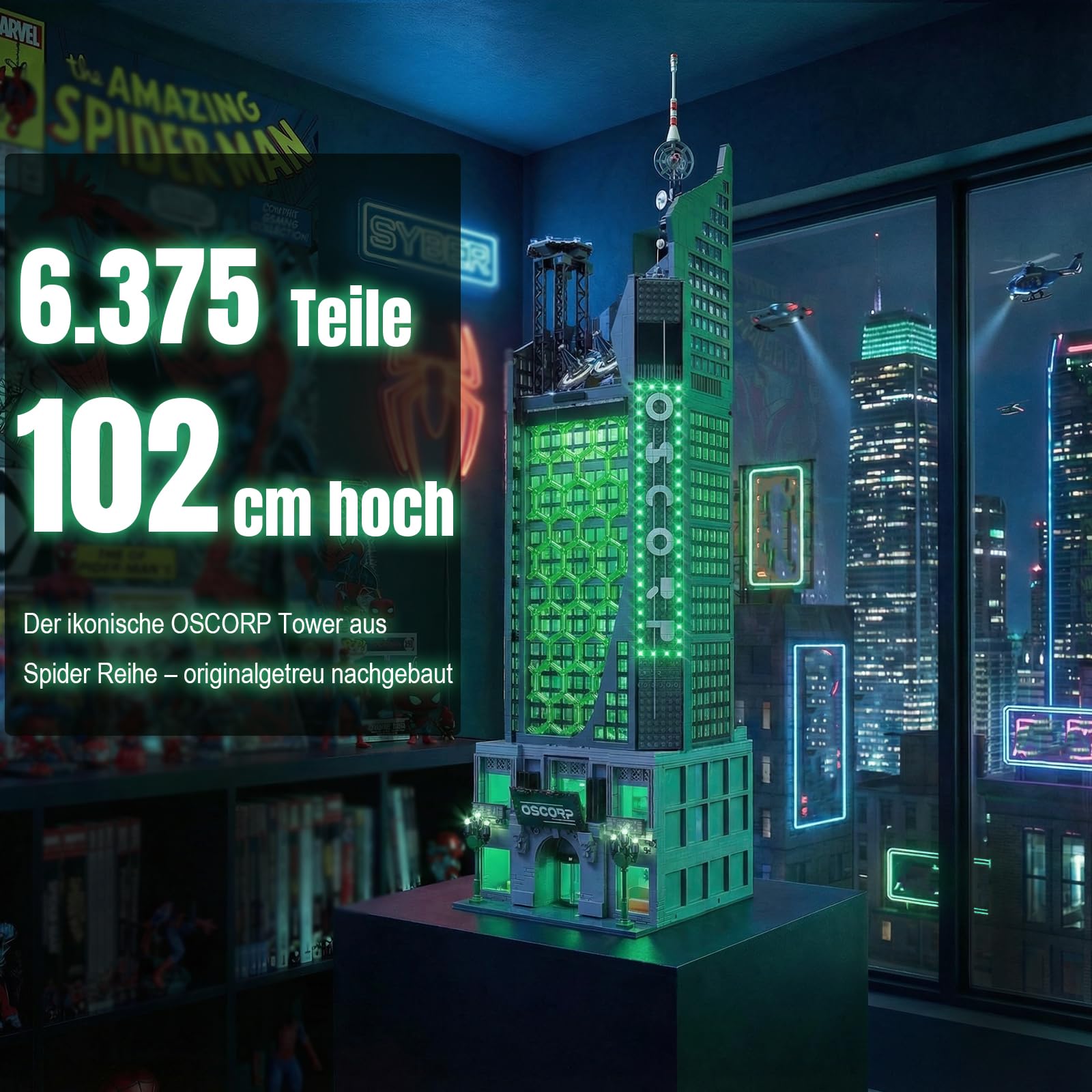 Spider Oscorp Hero Tower mit Hubschrauber - 6375 Teile 102 cm hohes Klemmbausteine Architektur Modular Building Set, Gebäude Modell für Erwachsene und Filmfans Youmko YM014