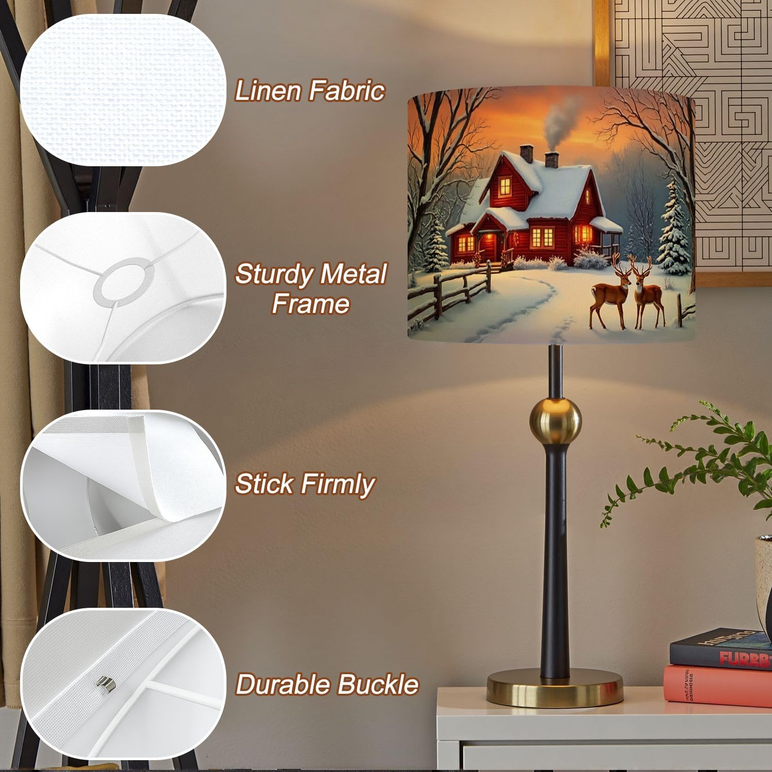 Lampshades Lamp Shades Boho 1 Pack Christmas Lighted Xmas Red Barn Elk Winter Snow Scene Light Shade for Table Lamps Floor Lamps Drum Lamp Shades Lampshade Replacement