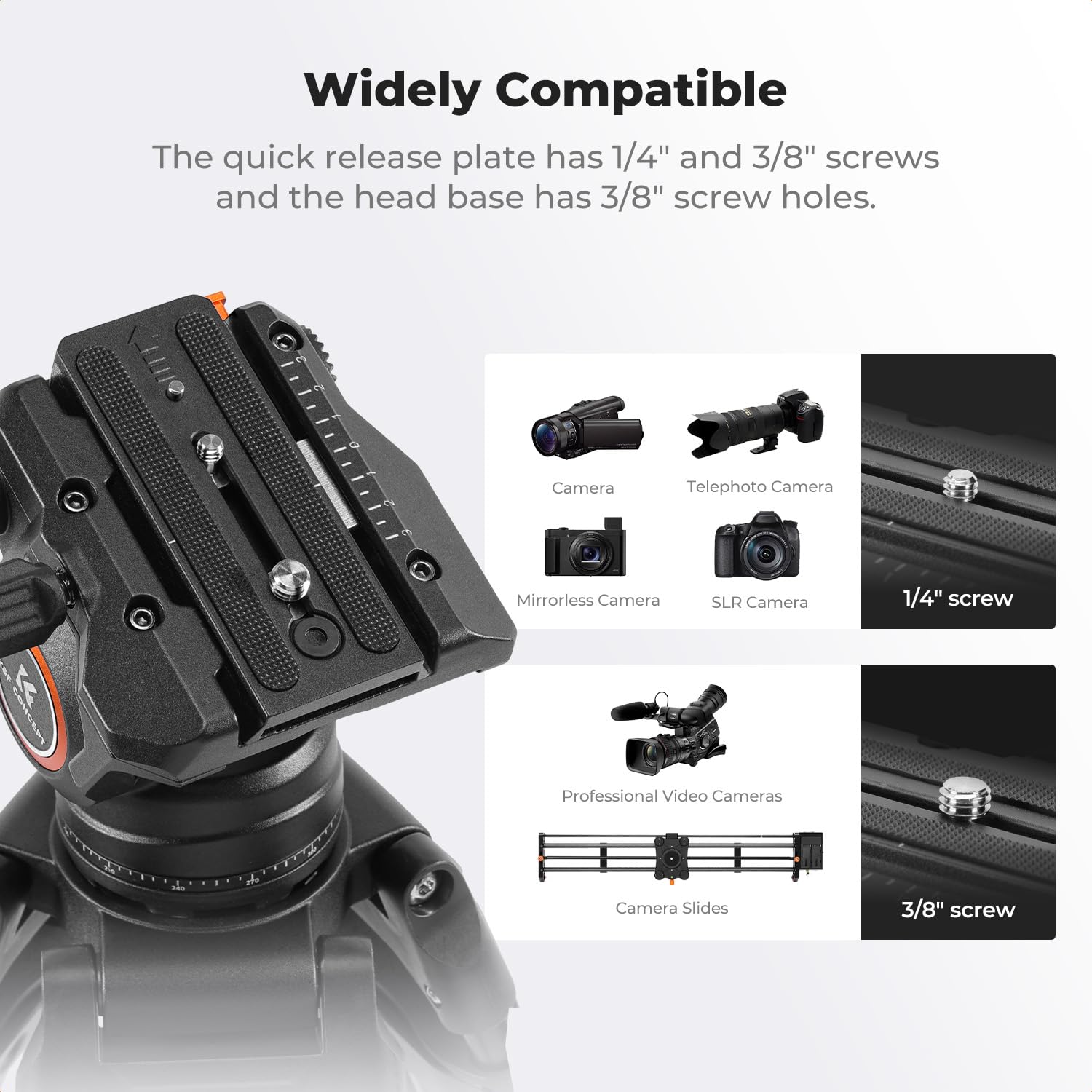 K&F CONCEPT Płynna głowica statywu z panoramicznym elastycznym 360° i 90°/-75°, płynna głowica wideo, lekka, gładka i jedwabista, stabilny uchwyt głowicy statywu do 8 kg
