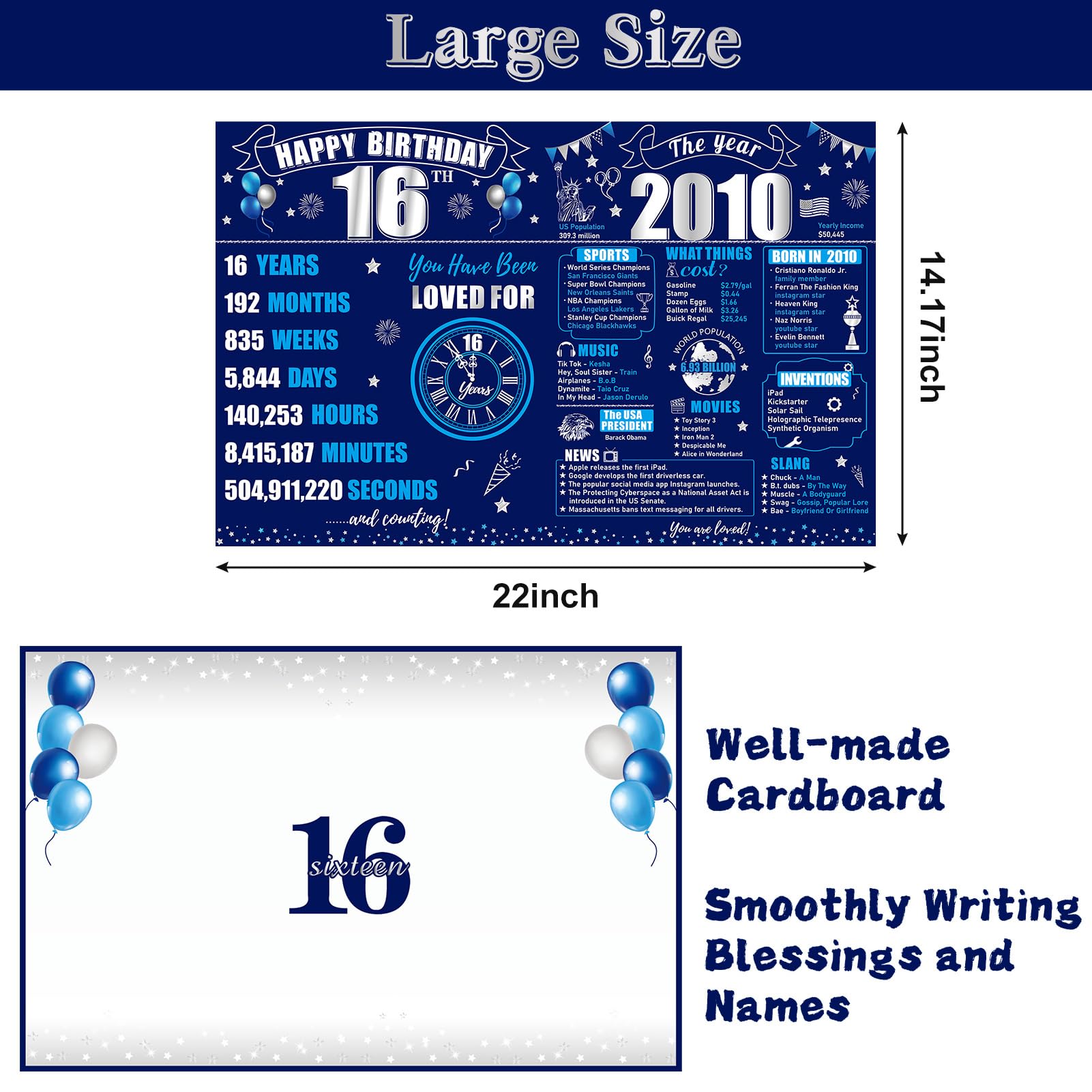 Tarjeta de felicitación de 16 cumpleaños con sobre para niño, tamaño grande, color azul y plateado, suministros para fiesta, libro de invitados de 16 cumpleaños, regalo de la firma Big Back in