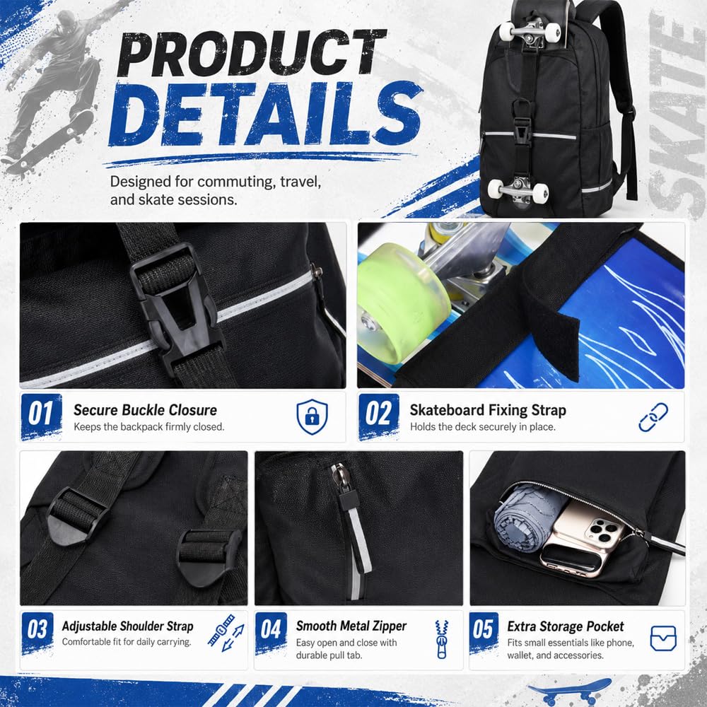 Sac à Dos Planche à roulettes pour Blind OG Stacked Stamp 8″ Complete,900D Épaissi pour Skateboard, Étanche et Pliable Sac de Rangement, Lightning