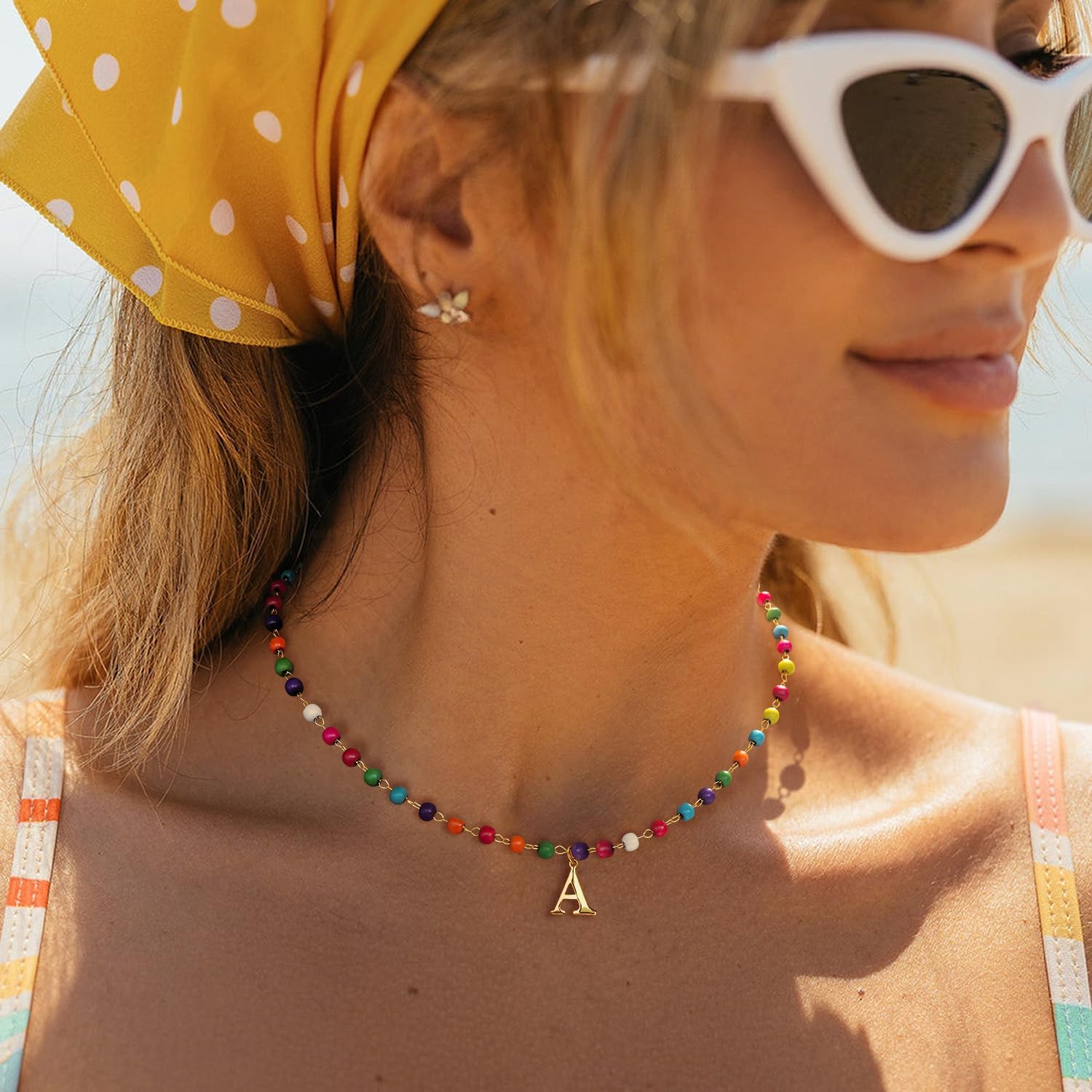 Me&Hz Initial Necklaces for Women Rainbow Beaded Initial Necklaces Boho Colorful Choker Necklace Cute Personalized Letter Necklace for Women Multicolor Beaded Choker Trendy Beach Jewelry Gifts - Image 4