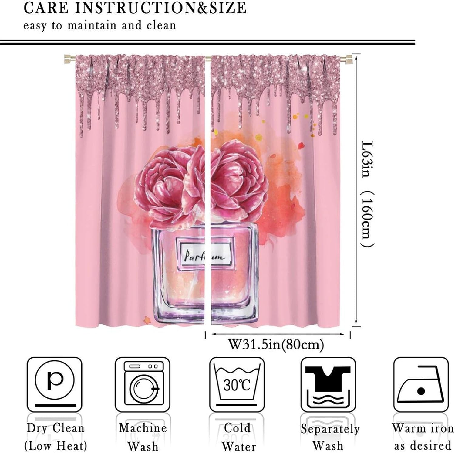 Fashion Pink Perfume Curtains Romantic Valentine's Day Bling Rose Floral Retro Makeup Woman Girls Lady Bedroom Decor Blackout Rod Pockets Window Drapes for Living Room W31.5xL63in 2 Panels