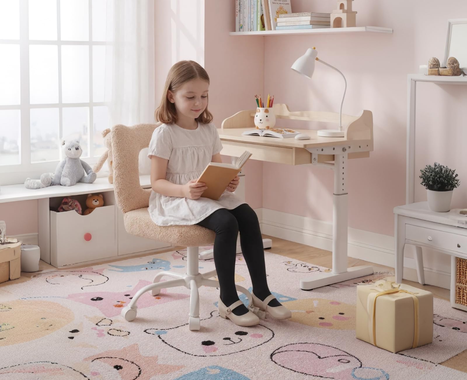 chairus Sedia da Scrivania per Bambini Sedia per Bambini in Pelliccia Sintetica Sedie Girevole Regolabile in Altezza Sedia da Scrivania Carina in Orsetto per Cameretta, Cachi