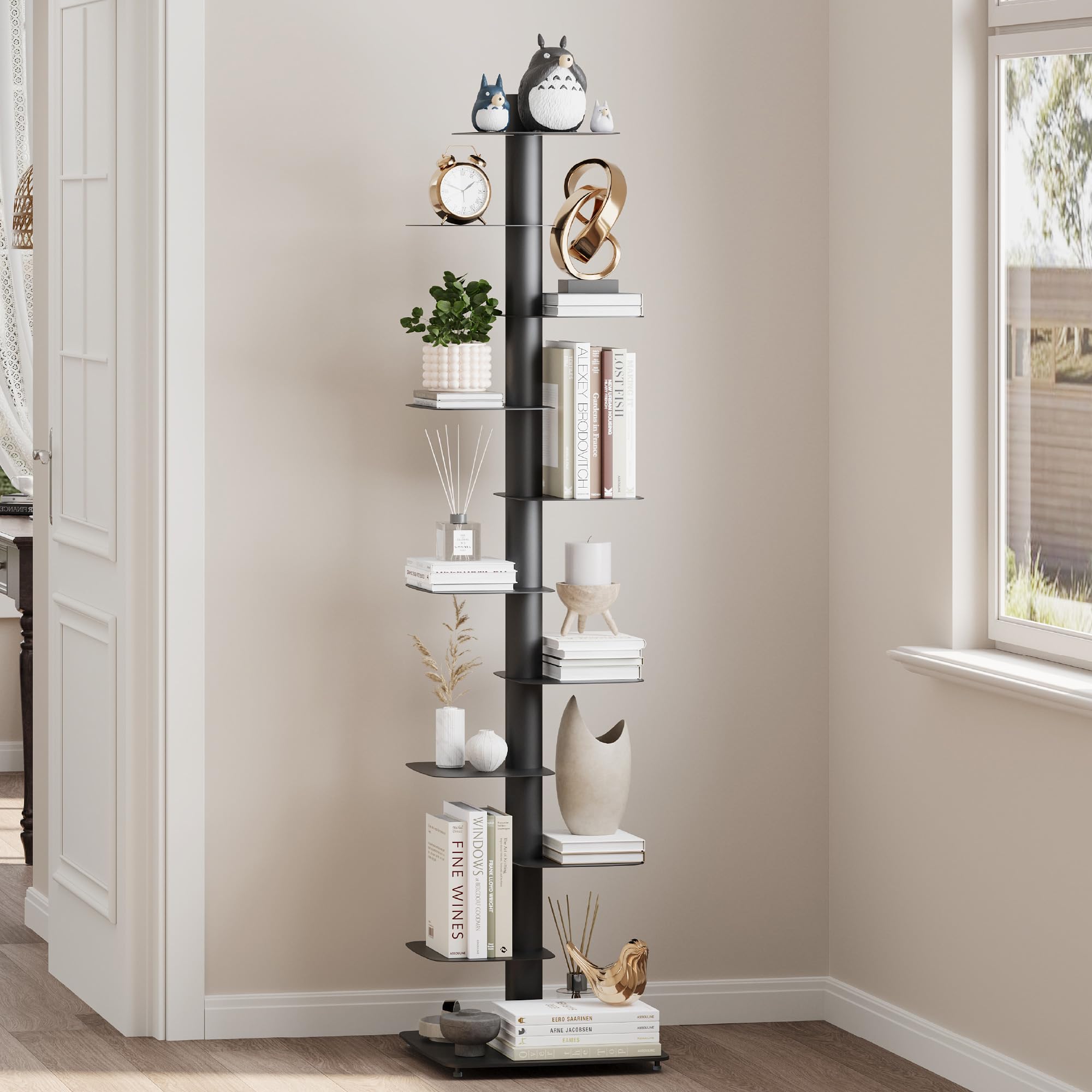 Suchtale Spine Bookshelf, Vertical Spine Book Tower, 11-Tier Metal Bookcase, Book Organizers Display Storage Rack for Study & Living Room, DIY Book Shelf for Decor, Black