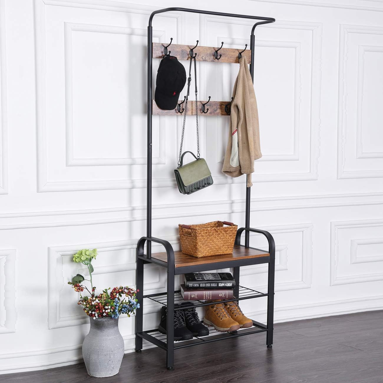Sunnyglade Vintage Coat Rack Shoe Bench, Hall Tree Entryway Storage Shelf, Wood Look Accent Furniture Metal Frame, 3 in 1 Design, Easy Assembly : Home & Kitchen