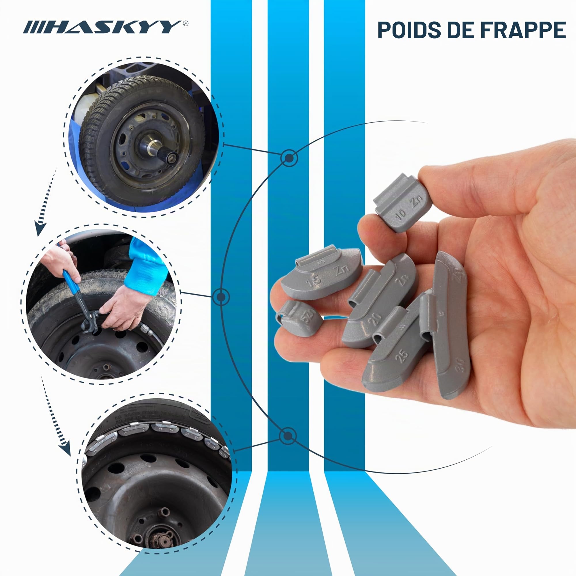 HASKYY 150 pcs. masses d’équilibrage I Frappante Poids de d'EQUILIBRAGE JANTES ACIER I Chacun 25x 5g, 10g, 15g, 20g, 25g 30g