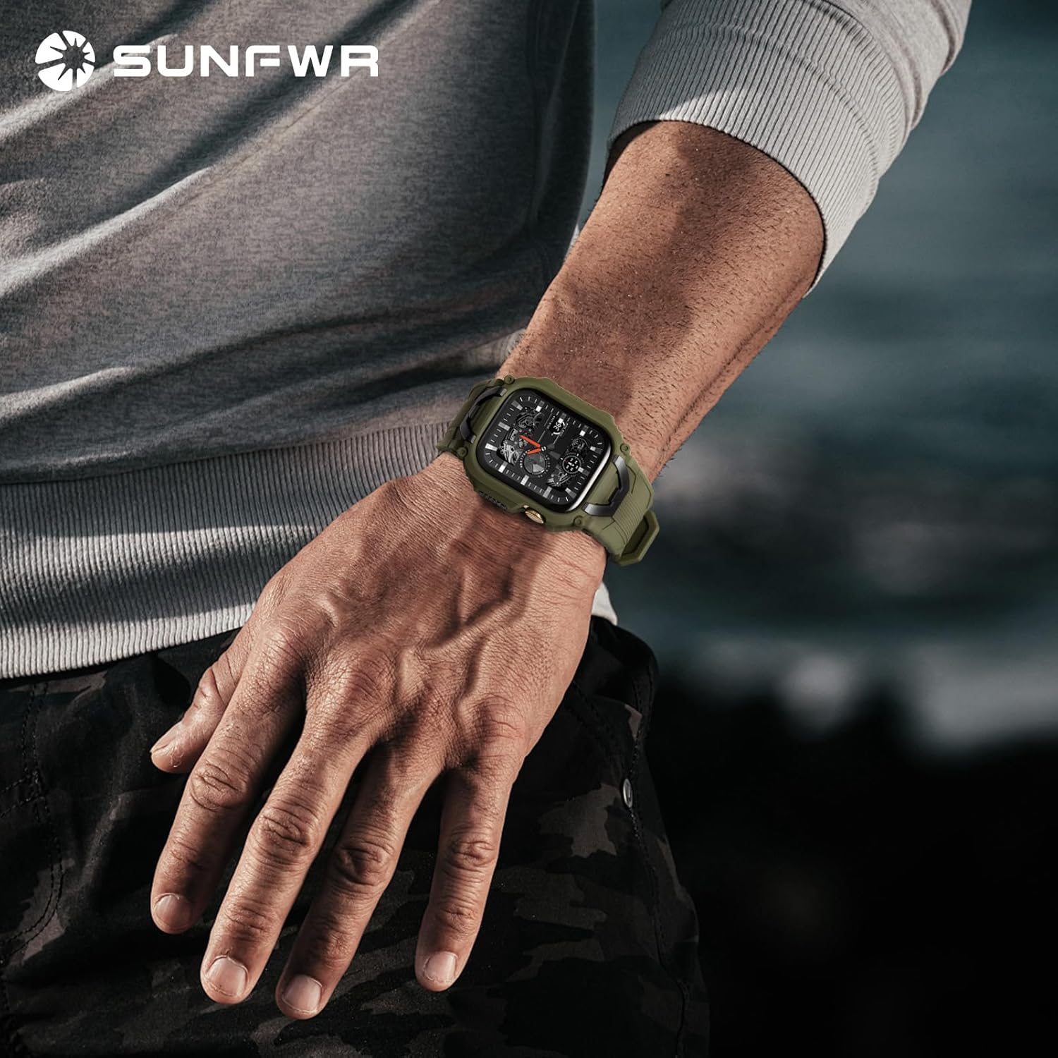 SUNFWR Rugged Band with Case Compatible with Apple Watch Bands for Men 45mm 44mm, Sport Strap with Protective Cover Bumper for iWatch Series 9 8 7 6 5 4 SE SE2