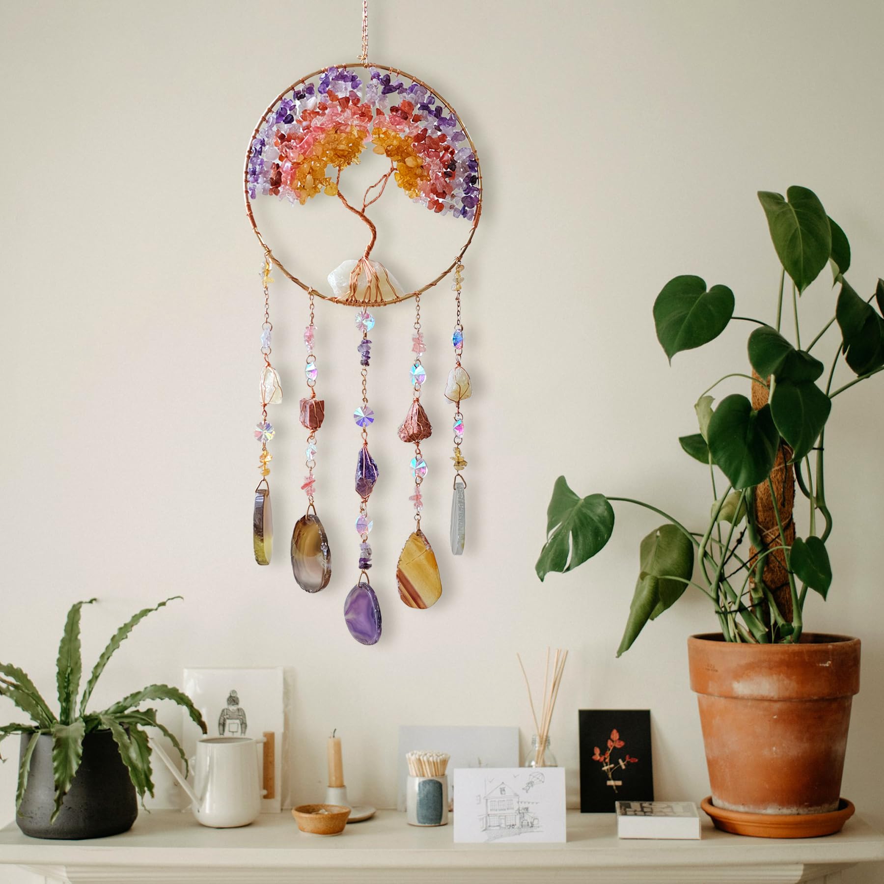 Atrapasueños de árbol de la vida, decoración bohemia para colgar en la pared para dormitorio, sala de estar, hecho a mano, piedra de cristal curativo, regalo para mujeres, mamá, cumpleaños