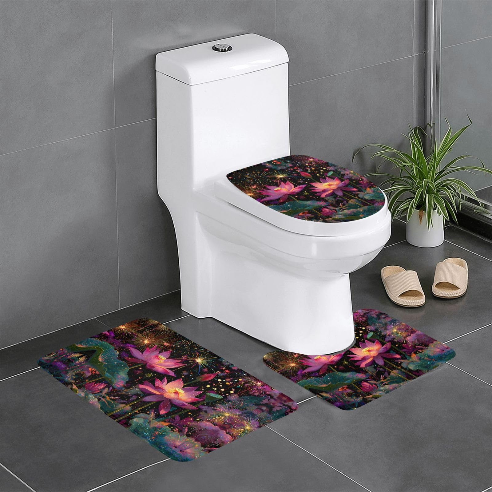 Tapis de salle de bain antidérapants lot de 3 motif nénuphars 61x40cm