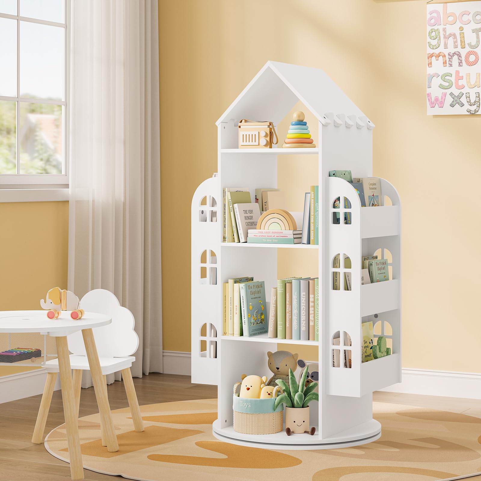 WOLTU Drehbares Bücherregal Kinder, mit 4 Ebenen 2 Seitenregalen, Weiß