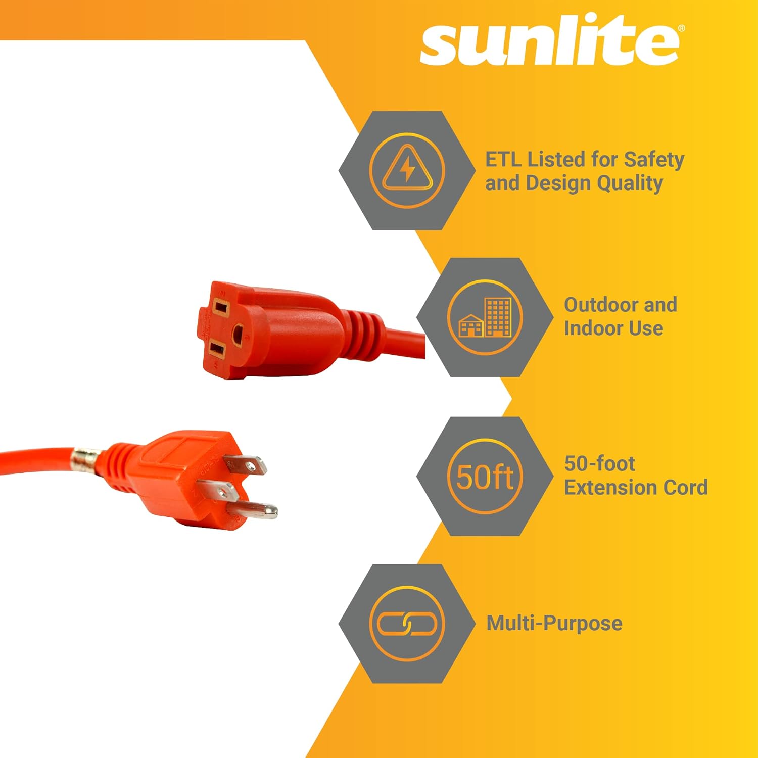 Sunlite Outdoor Heavy Duty 50 Feet Three Prong Extension Cord, 13 Amp, 50'(16/3) Orange