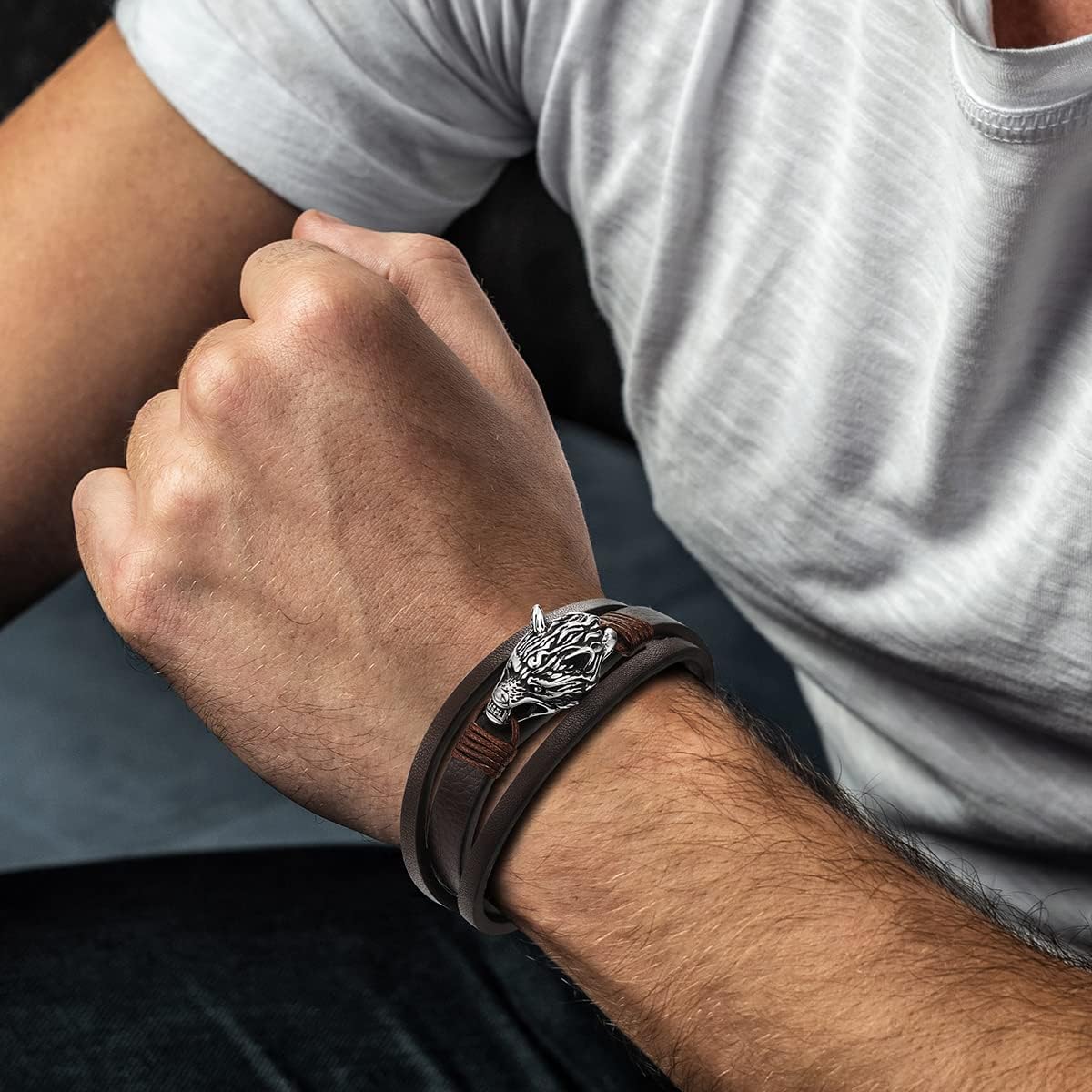 Viking Bracelet for Men, Steel Wolf Bracelet Brown Braided Leather Wristband, Three-Strand Bangle - Image 2