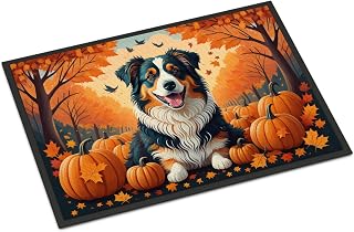 Caroline's Treasures DAC1009MAT Australian Shepherd Terrier Fall Doormat 18x27 Front Door Mat Indoor Outdoor Rugs for Entryway, Non Slip Washable Low Pile, 18H X 27W