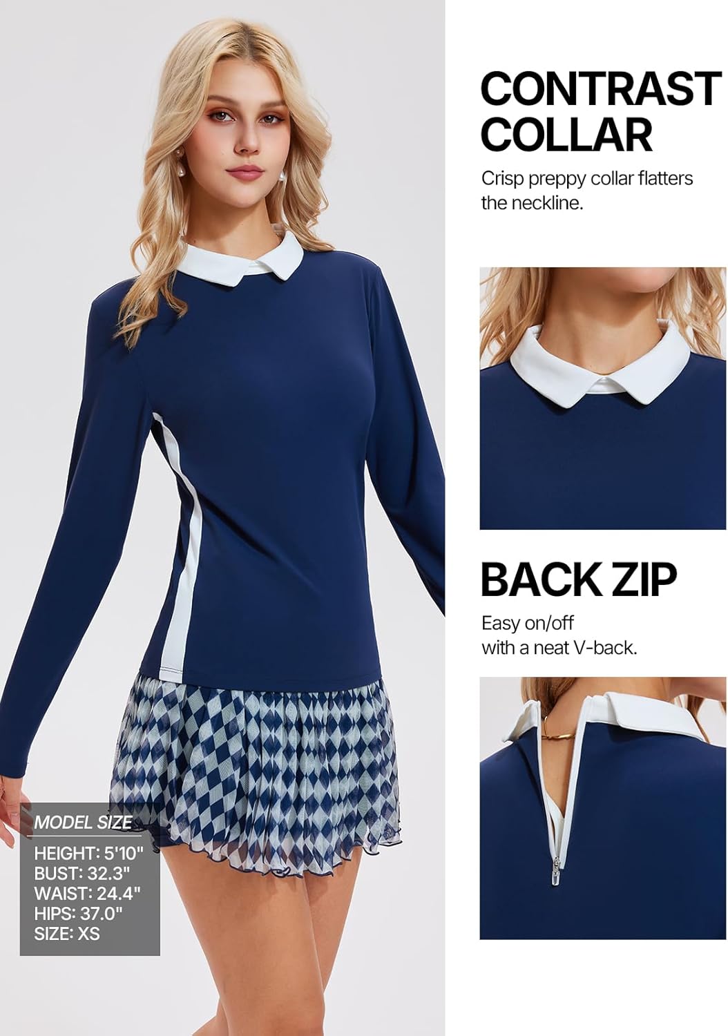 Women's 2 Piece Tennis Skirt Set Long Sleeve Color Block Collared Top & Pleated Skort with 4 Pockets Golf Pickleball Athletic - Image 3