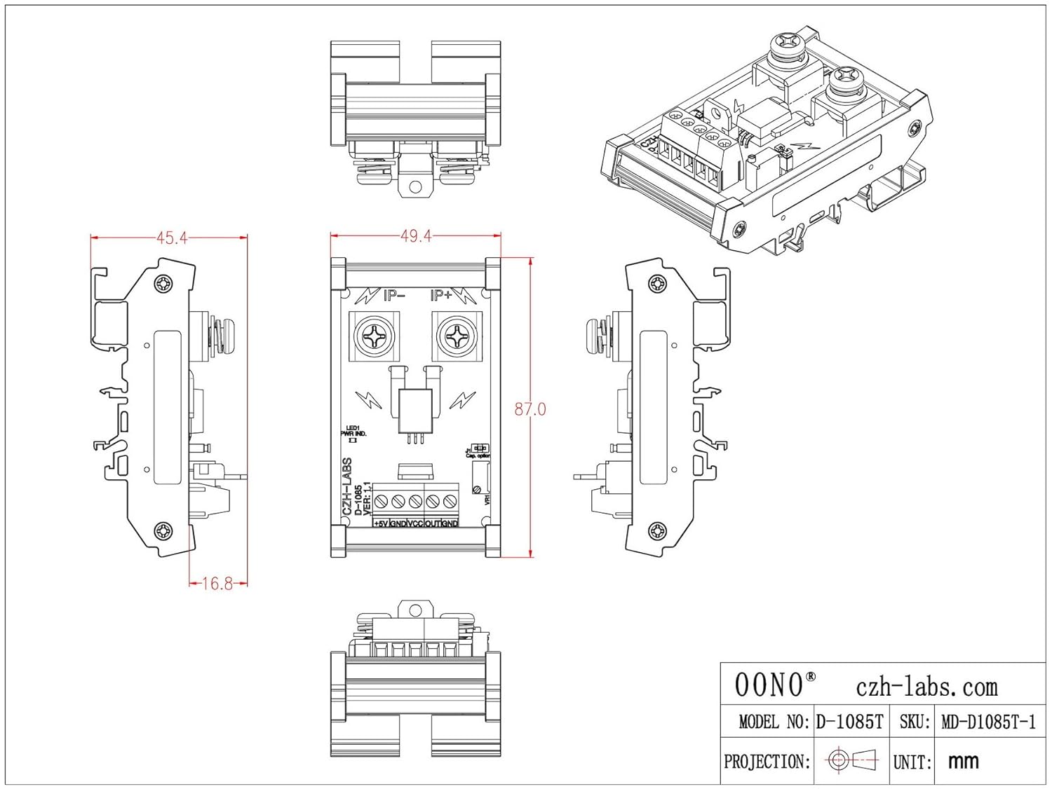 Electronics-Salon DIN Rail Mount +/-100Amp AC/DC Current Sensor Module, based on ACS758