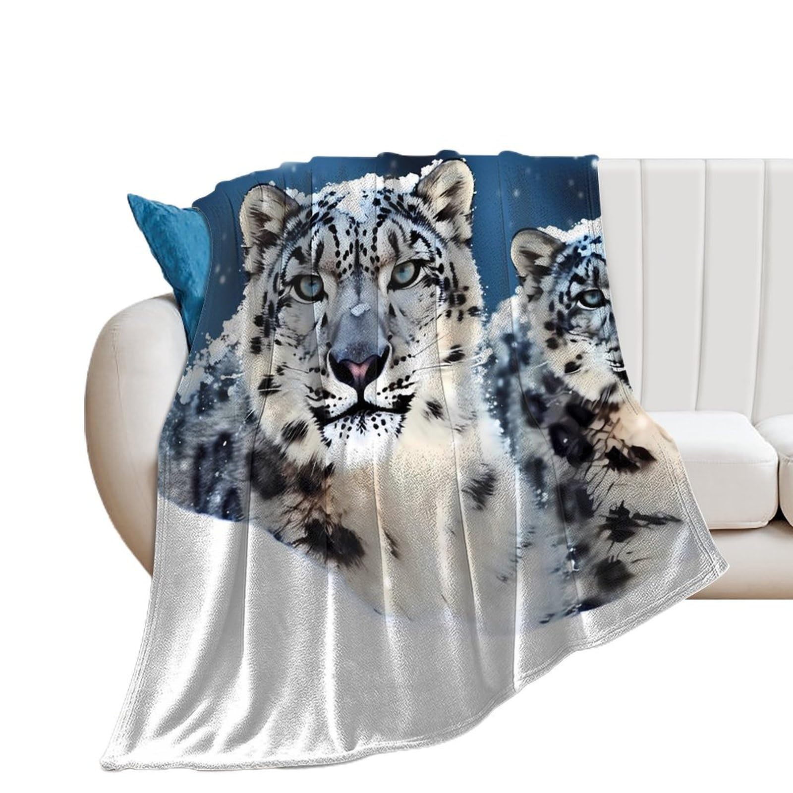 Couverture léopard des neiges yeux bleus, jeté de lit décoratif chaud