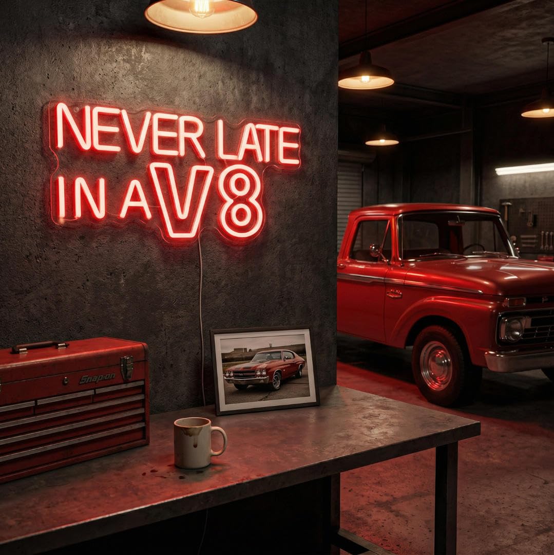 Letrero de neón Never Late in a V8, luz de neón para decoración de garaje, letrero de neón LED de cueva de hombre, luz de pared de garaje mecánico, letrero de neón regulable alimentado por USB para