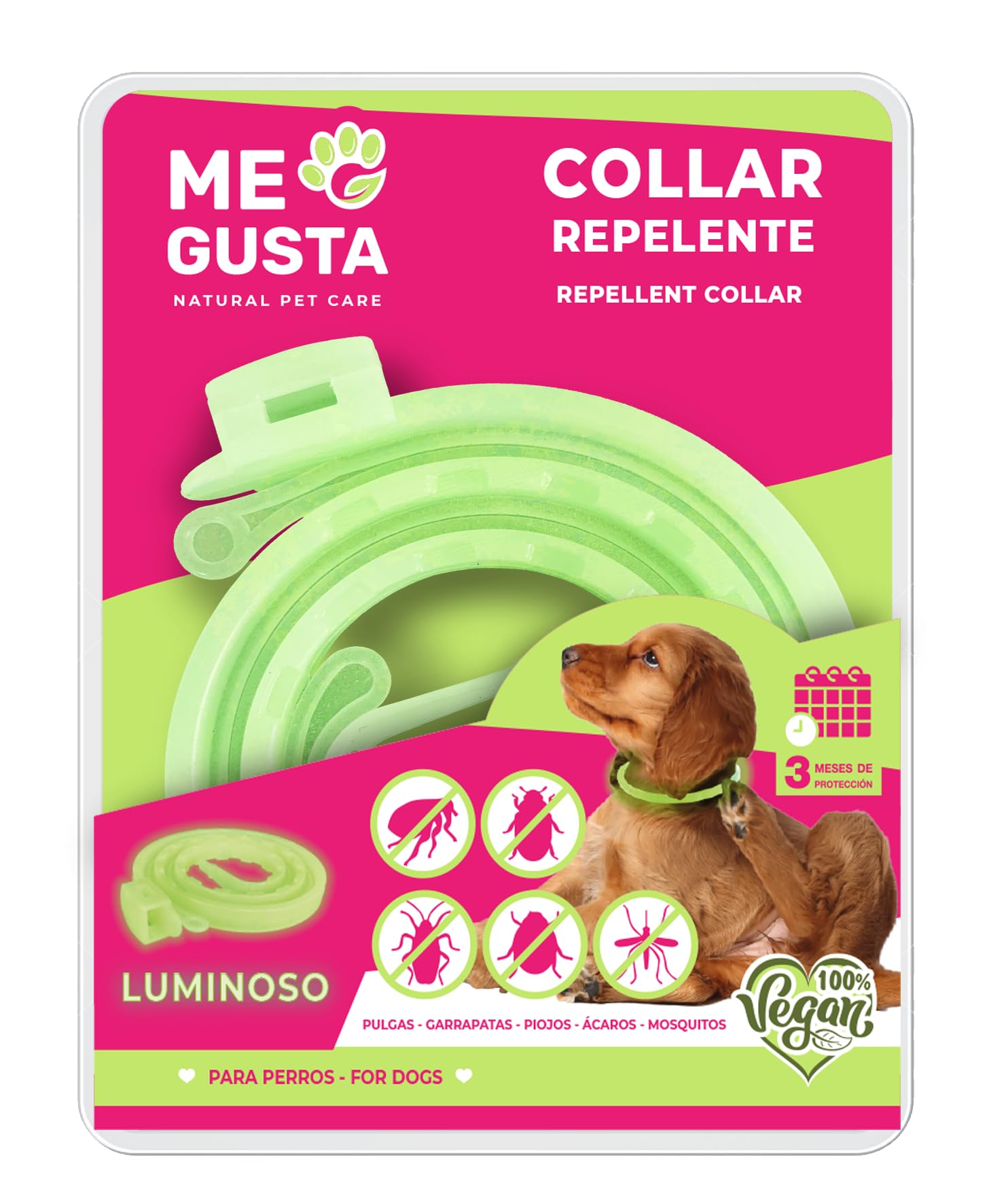 ME GUSTA Collar Luminiscente Repelente para Perros con Geraniol | Repele Todo Tipo de Insectos | Fragancia Cítrica | 30 cm