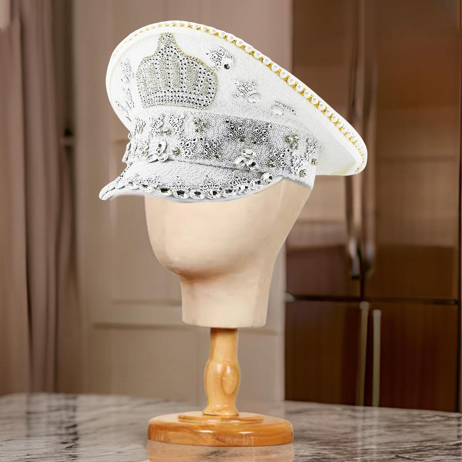Couronne de capitaine en strass brillants pour festival de musique, bal masqué, fête, chapeau de mariée, chapeau plat pour jeu de rôle, couronnes en strass