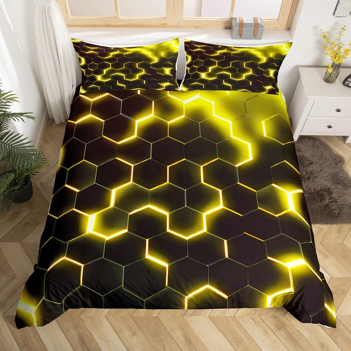 Homewish Yellow and Black Honeycomb Print Duvet Cover King Size Neon Glitter Hexagon Decor Bedding Set for Kids Adults, Beehive Geometric Comforter Cover Microfibre Soft Breathable Bed Cover — image 1