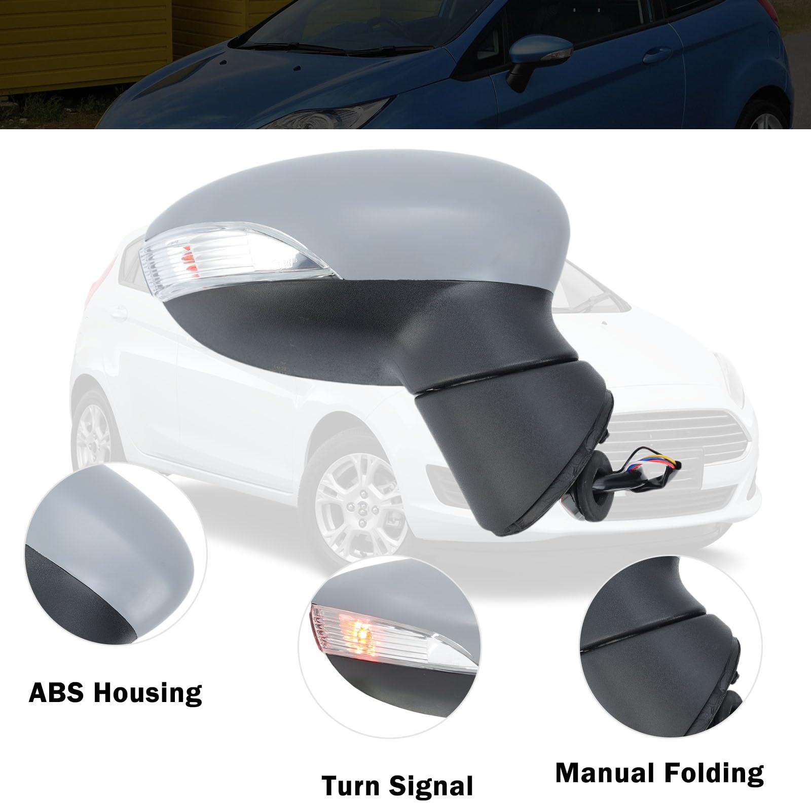 Außenspiegel Rechts elektrisch verstellbar beheizt, 8-Pin Anschluss, passend für Ford Fiesta MK7 2008-2012, grundierte Abdeckung Manuell einklappbar mit Blinker
