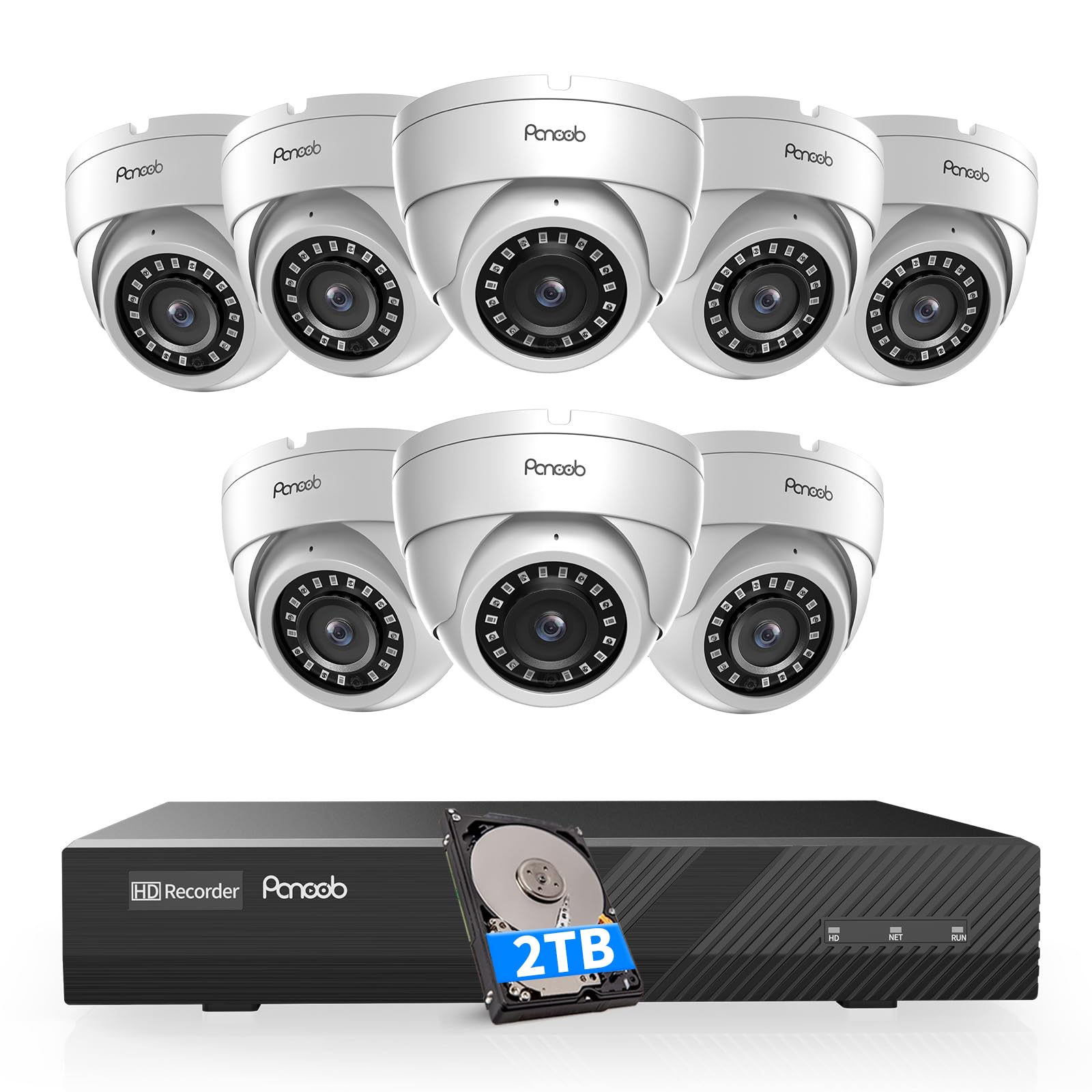 PANOOB8 Channel Security Camera System, 8X 5MP Wired Home Surveillance IP Dome Camera with AI Human Detection, Built-in Mic, Remote Access, 24/7 Recording, 4K 8CH PoE NVR 2TB HDD, PD94CA0808-5M2