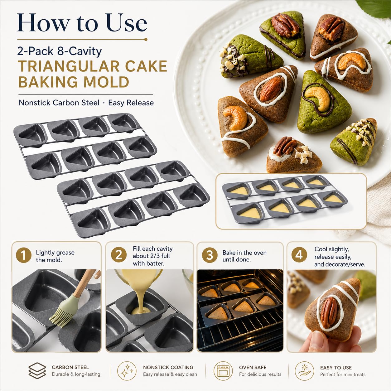 Paquete De 2 Moldes Para Hornear Pasteles Triangulares De 8 Cavidades | Dos sartenes de acero al carbono con Ocho cavidades triangulares conectadas cada una para mini pasteles