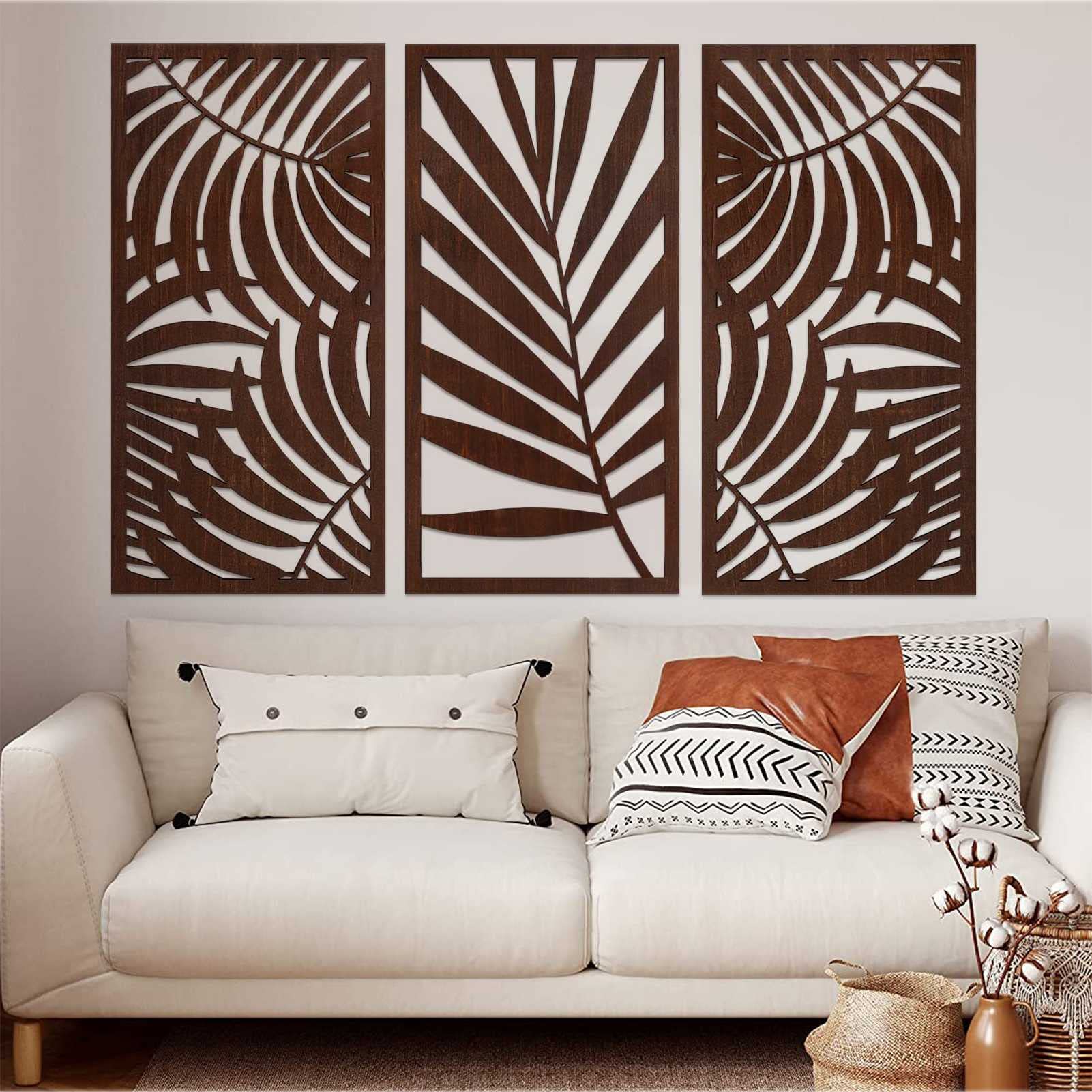 Sylixonae Set Di 3 Decorazioni Murali In Legno A Forma Di Foglie Di Palma, Intaglio Laser 3D, 30x25 Cm, Per Soggiorno, Bagno E Giardino - 2