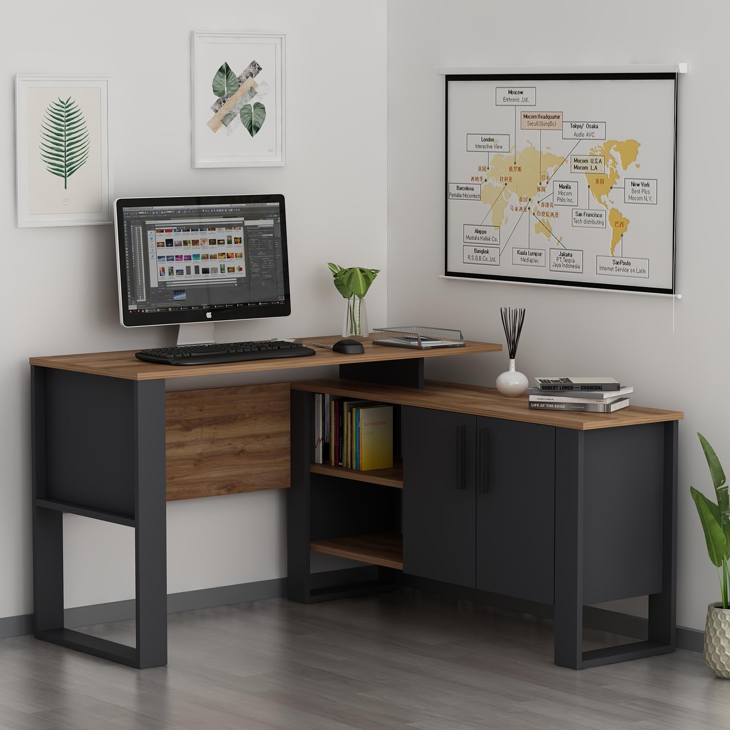 HOMIDEA ARES Modern Corner Desk L-Shaped Corner Computer Desk with Shelves and Drawers for Office and Home (ARES - Anthracite/Briarsmoke)