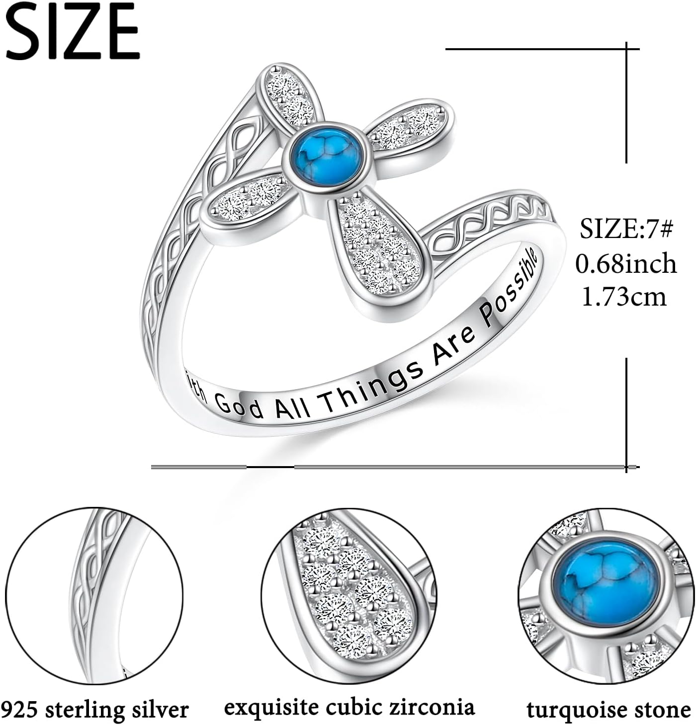 Cross Ring with Turquoise 925 Sterling Silver With God All Things Are Possible Christian Band Ring Inspirational Faith Bible Verse Cross Religion Jewelry for Women Friend Thanksgiving Christmas Size 7 - Image 5