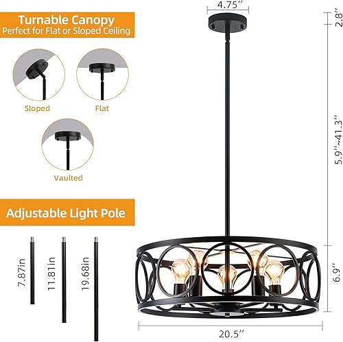 Miniatura 4 de Lámpara de araña negra de 5 luces, colgante de tambor de metal retro de 20.5 pulgadas, altura ajustable, lámpara colgante vintage rústica para