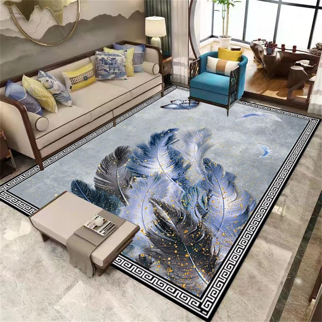 Tapis chinois haut de gamme motif plume gris-bleu decoration raffinee