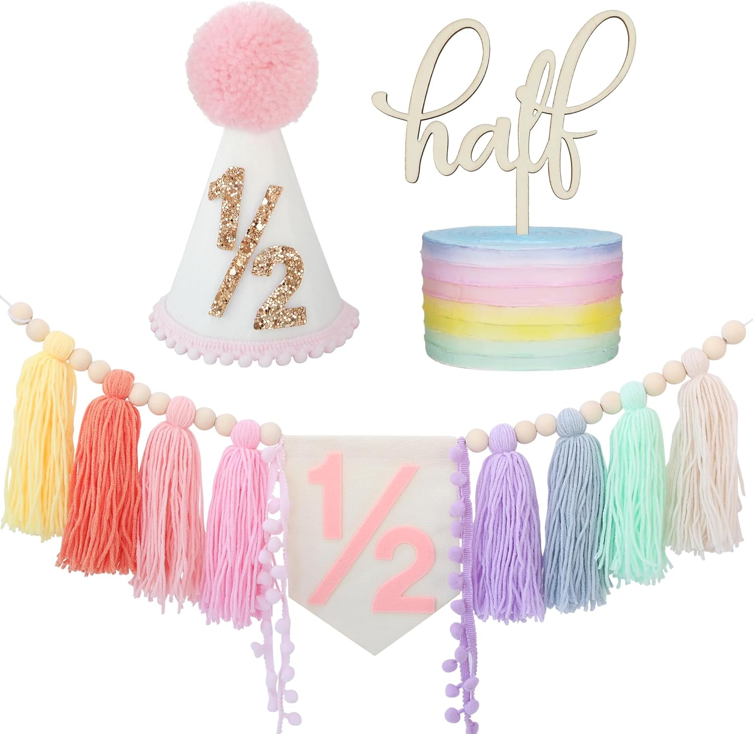 Half Birthday Decorations 1/2 Birthday Girl Half Way to One Baby Girl Decorations Hat Cake Topper 6 Month Pastel Chair Banner Happy Half Year Party Photoshoot Props