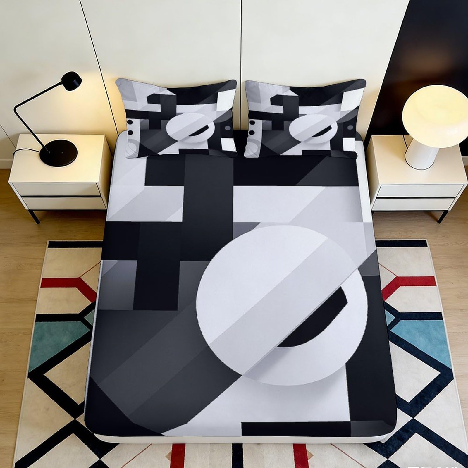 Ctjqhvmx Style-1 3D Printed Black White Geometric Fitted Sheet Microfiber Deep Pocket Bedroom Bedding Geometric Mattress Fitted Cover Non-Slip Washable 90X200x25cm 90X200x25cm
