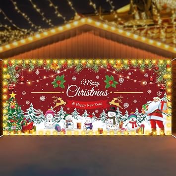 Christmas Garage Door Cover Banner with Led Light,6x13ft Christmas Tree Santa Garage Door Decorations,Large Christmas Garage Door Backdrop Decoration for New Year Holiday Party
