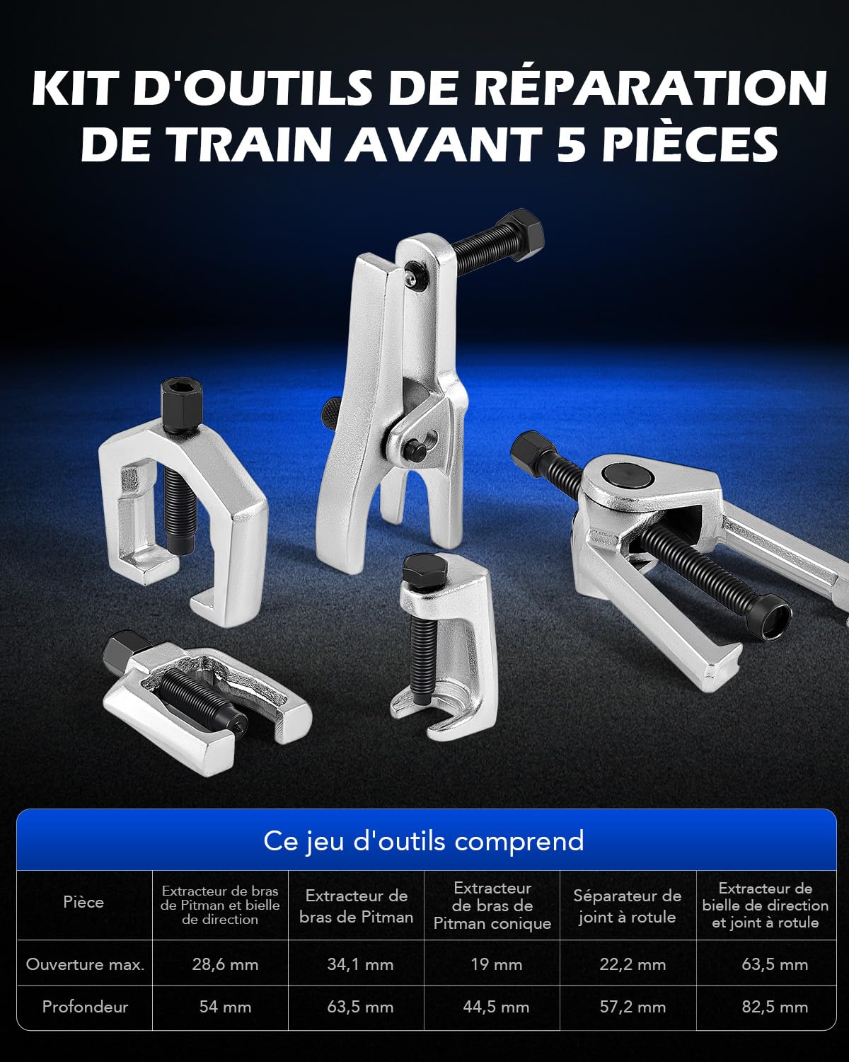 Orion Motor Tech Coffret 5-en-1 Extracteur de Rotule et Arrache-Rotule, Kit d'Outils pour Train Avant avec Séparateur de Rotule de Direction et de Suspension, Biellette et Bras Pitman (BS06)
