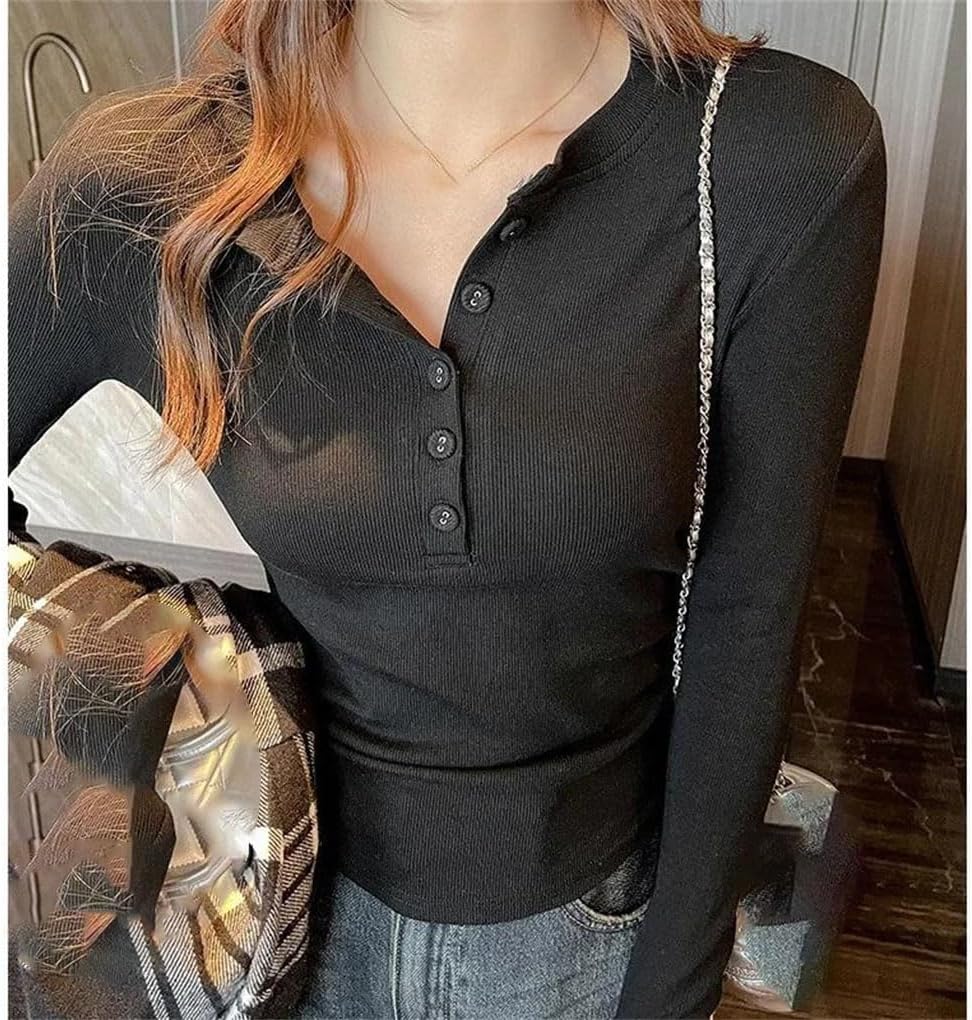 Women's Long Sleeve Crew Neck T Shirts Women Slim Fit Collar Button Style T Shirt Can Open