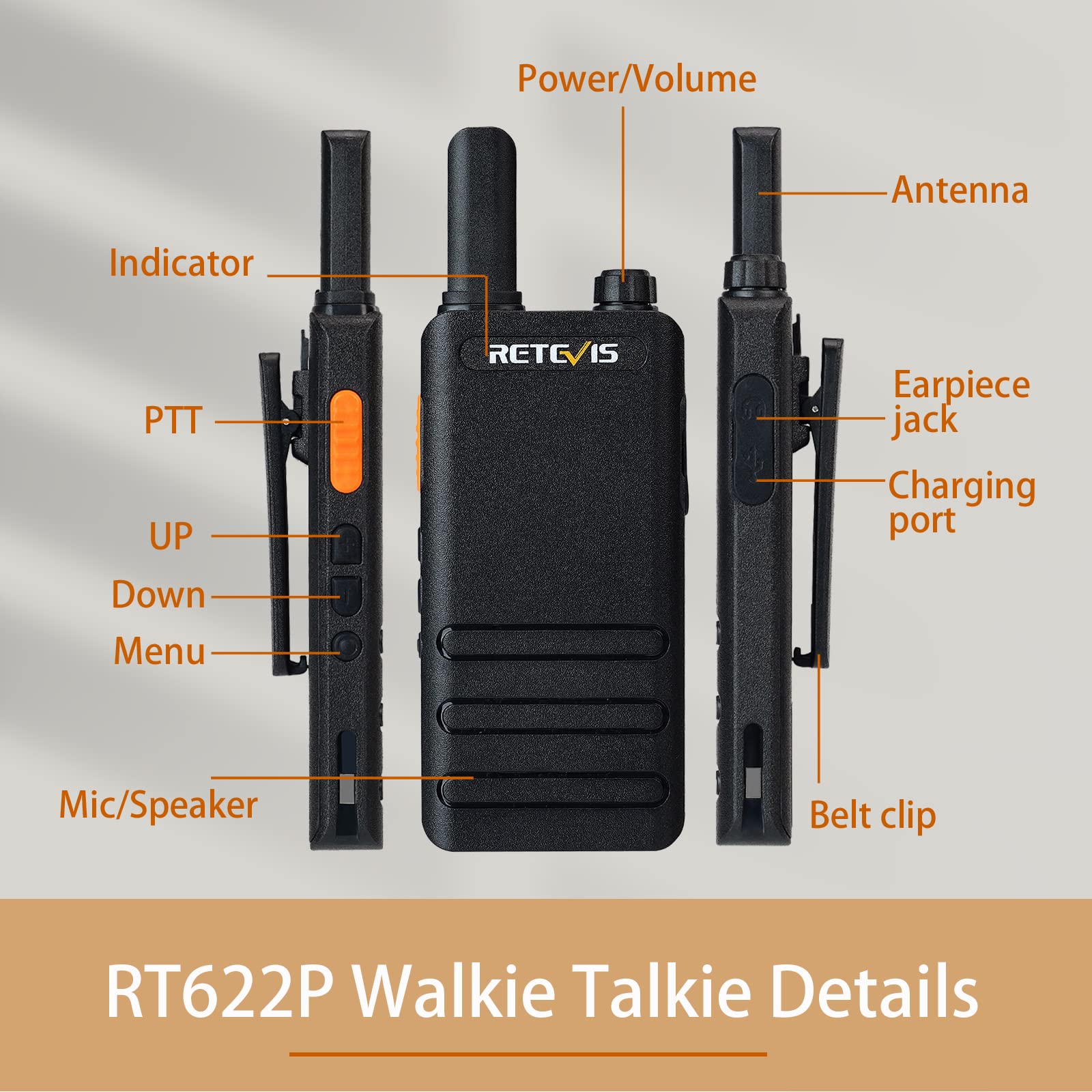 Retevis RT622P Walkie Talkie Leggero, PMR446 Radio Walkie Talkie Ricaricabile USB C, 1620mAh, VOX Radio Vivavoce Portatile a 2 Vie con Auricolare per la Famiglia, Vendita al Dettaglio (2 Pezzi, Nero)