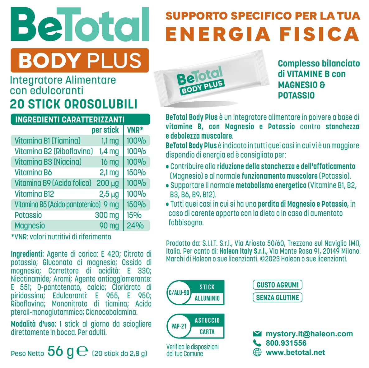 Be-Total Body Plus, Integratore Alimentare a base di vitamine del gruppo B, con Magnesio e Potassio contro stanchezza e debolezza muscolare, 20 Bustine