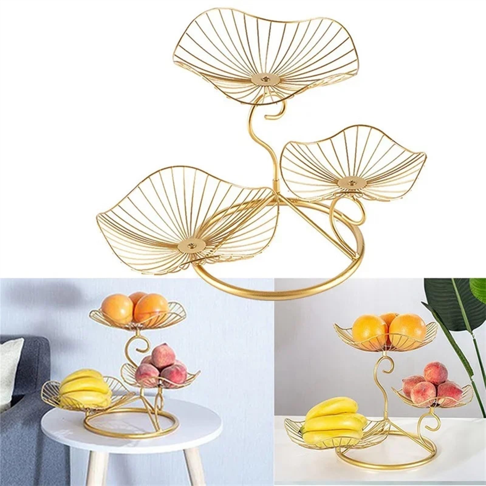 Estantes de frutas Arte del hierro dorado de lujo creativo, tres niveles, frutero 3 , decoración hogar, mesa centro, drenaje agua, cesta frutas metal, la sala estar