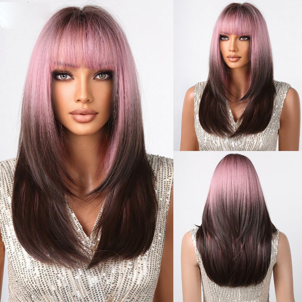 Tumhorn Long Ombre Brown and Pink Wigs for Women Straight Synthetic Wig with Bangs Brown Highlight Hair Replacement Wigs