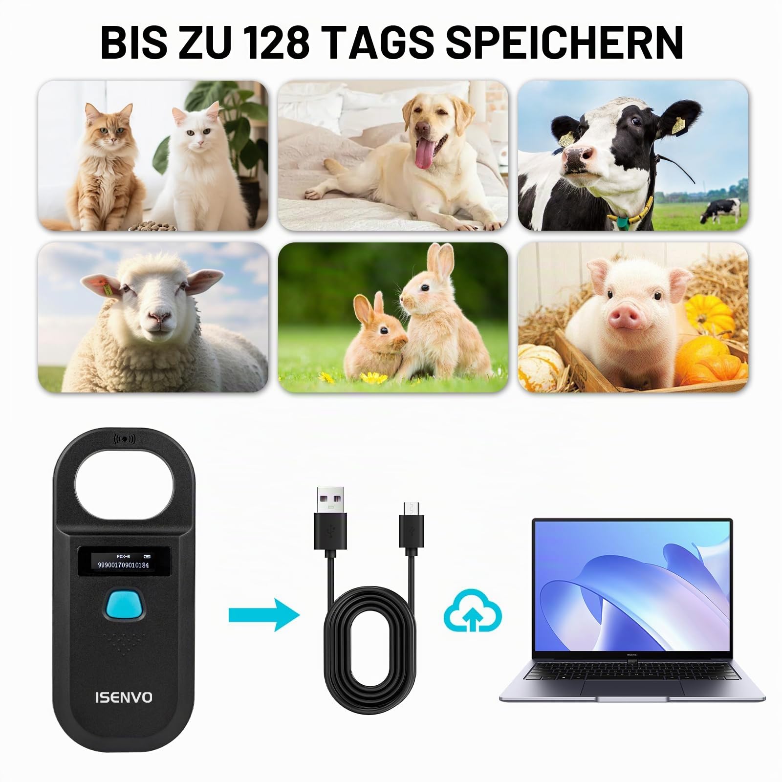 Haustier ID Lesegerät, Haustier ID Pet Scanner, Wiederaufladbarer, RFID Mikrochip-Leser 134,2 kHz 125 kHz, Liest Haustierchips in FDX-B (ISO11784/11785) und EMID-Mikrochips, 15 Ziffern