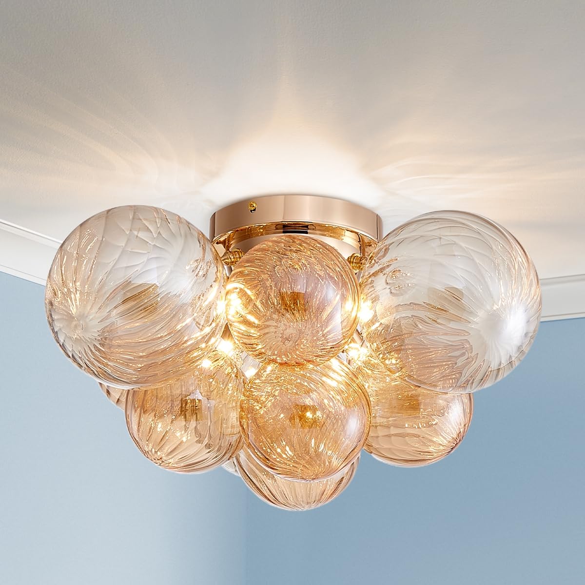 AGV LIGHTING Modern Bubble Glass Flush Mount Ceiling Light Fixture, Gold 4-Light Ceiling Chandelier with Amber Textured Glass Globe Shades, 18” Living Room Bedroom Dining Room Lighting