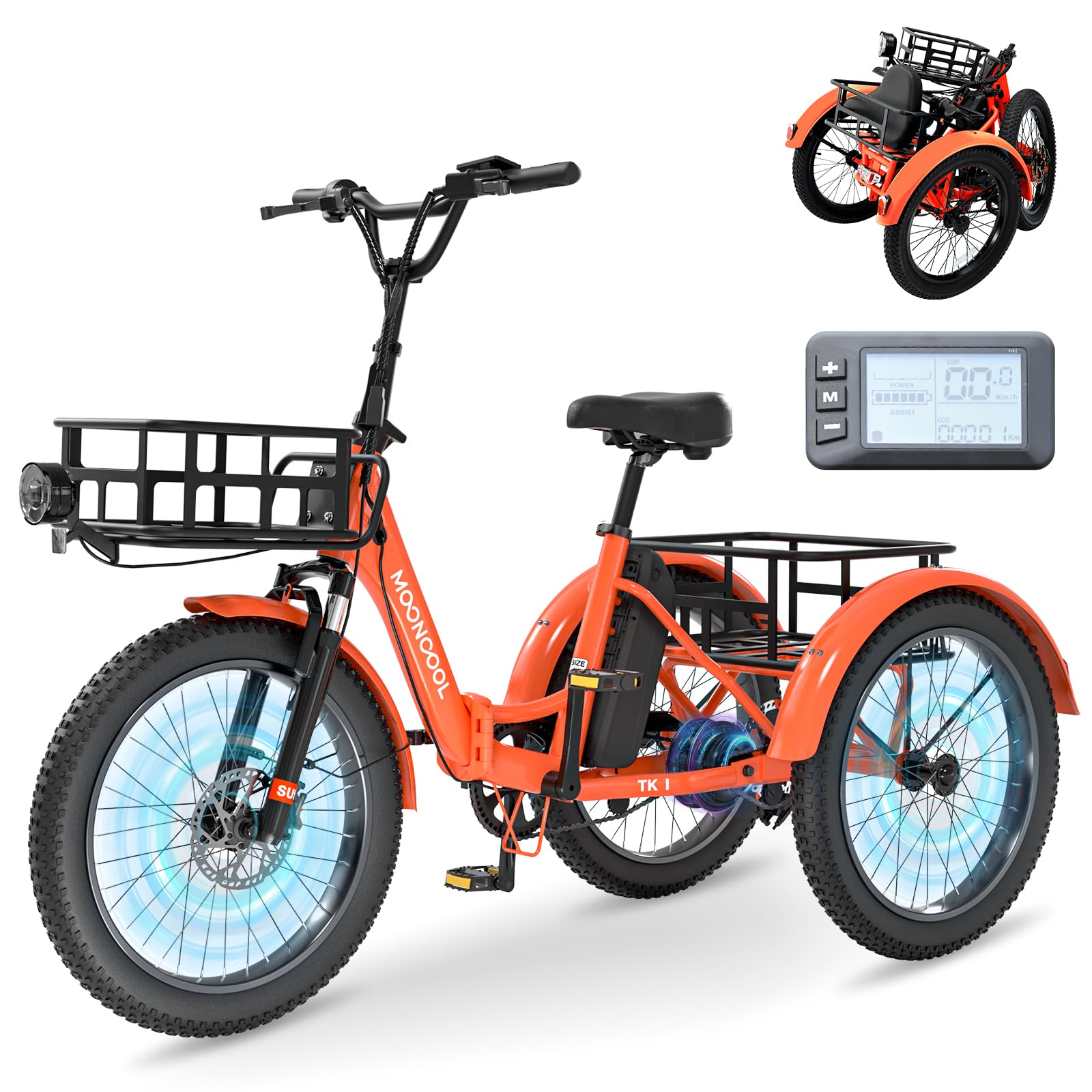 MOONCOOL Electric Tricycle for Adults, 500W/750W 48V Folding Electric Trike Peak Power 1100W, 20"x3.0" Fat Tire 3 Wheel Ebike, Aluminum Adult Tricycle with Removable Battery, Rear Differential