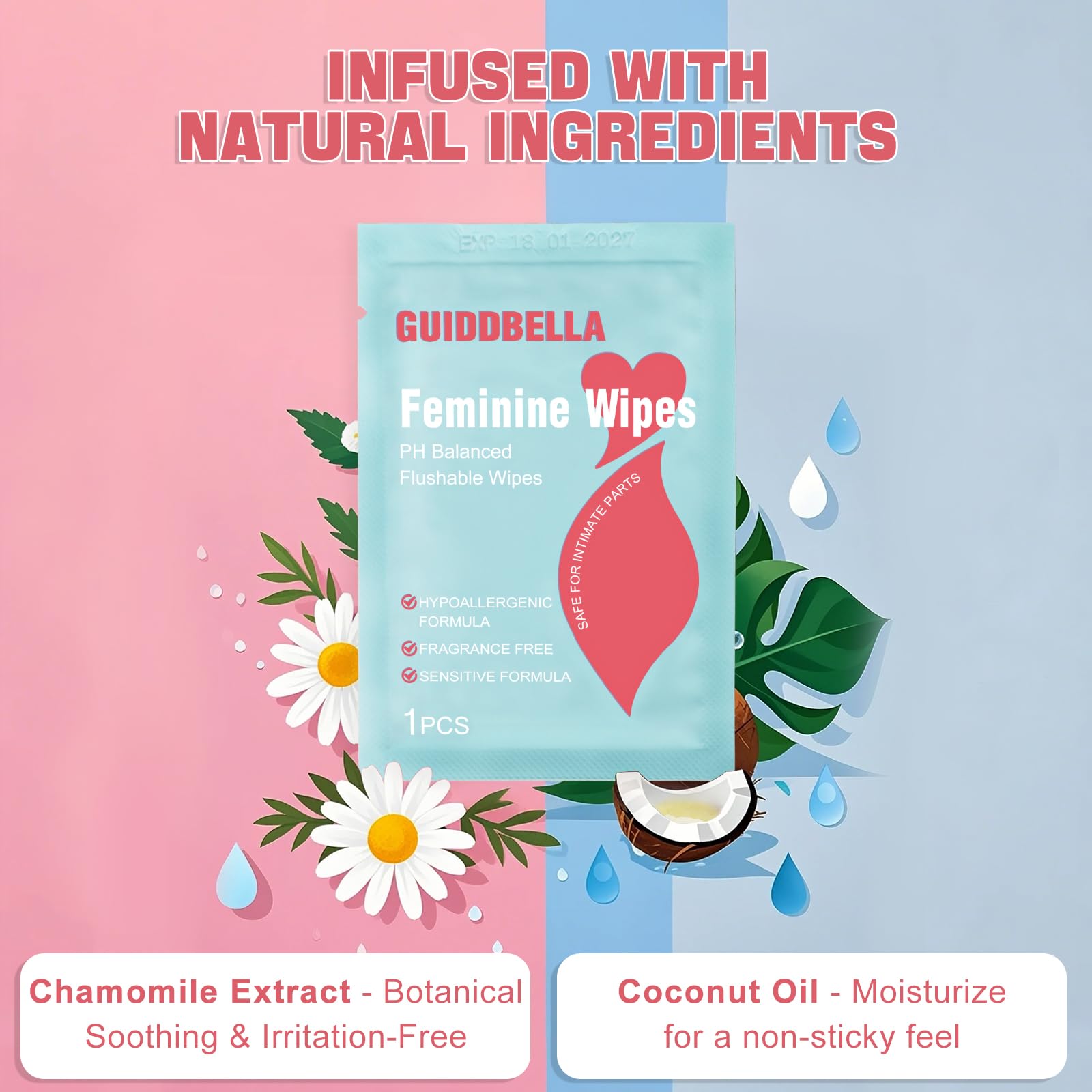 GUIDDBELLA Feminine Wipes for Women - Individually Wrapped Flushable Wipes, PH-Balanced, Alcohol-Free, Unscented, Safe for Sensitive Skin (50 Count)