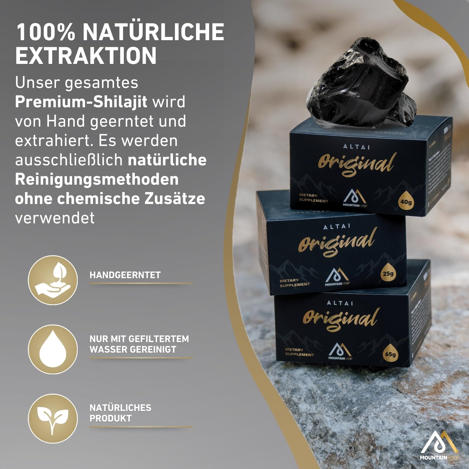 Mountaindrop Mumijo Shilajit Original 40g I traditionelle Nahrungsergänzung mit Fulvinsäure & Huminsäure aus dem Altai Gebirge I Ayurveda Supplement in Handarbeit geerntet & laborgeprüft